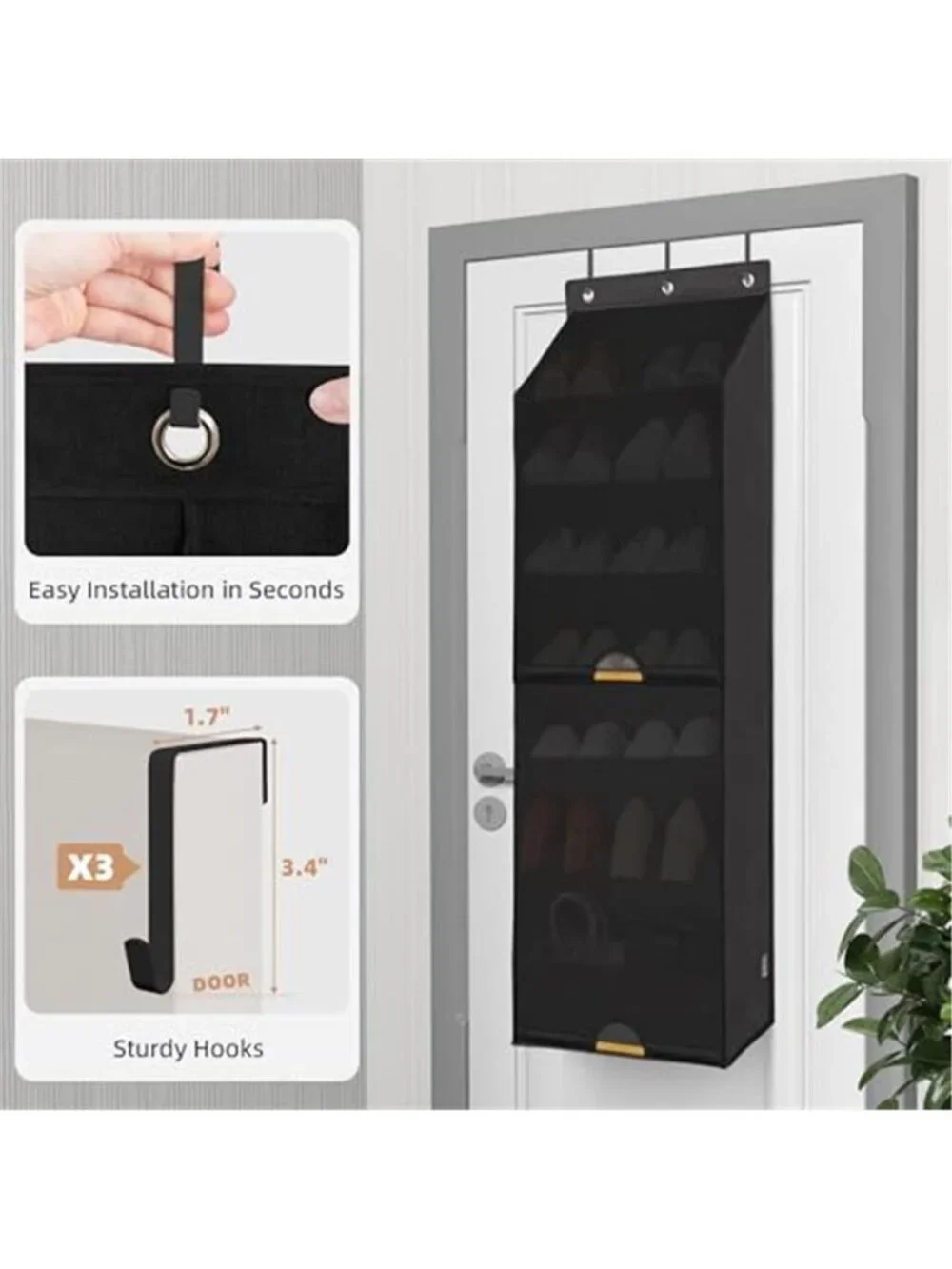 Over Door Shoe Organizer Dustproof Curtain 8 Pocket Heavy Duty Black Hanging